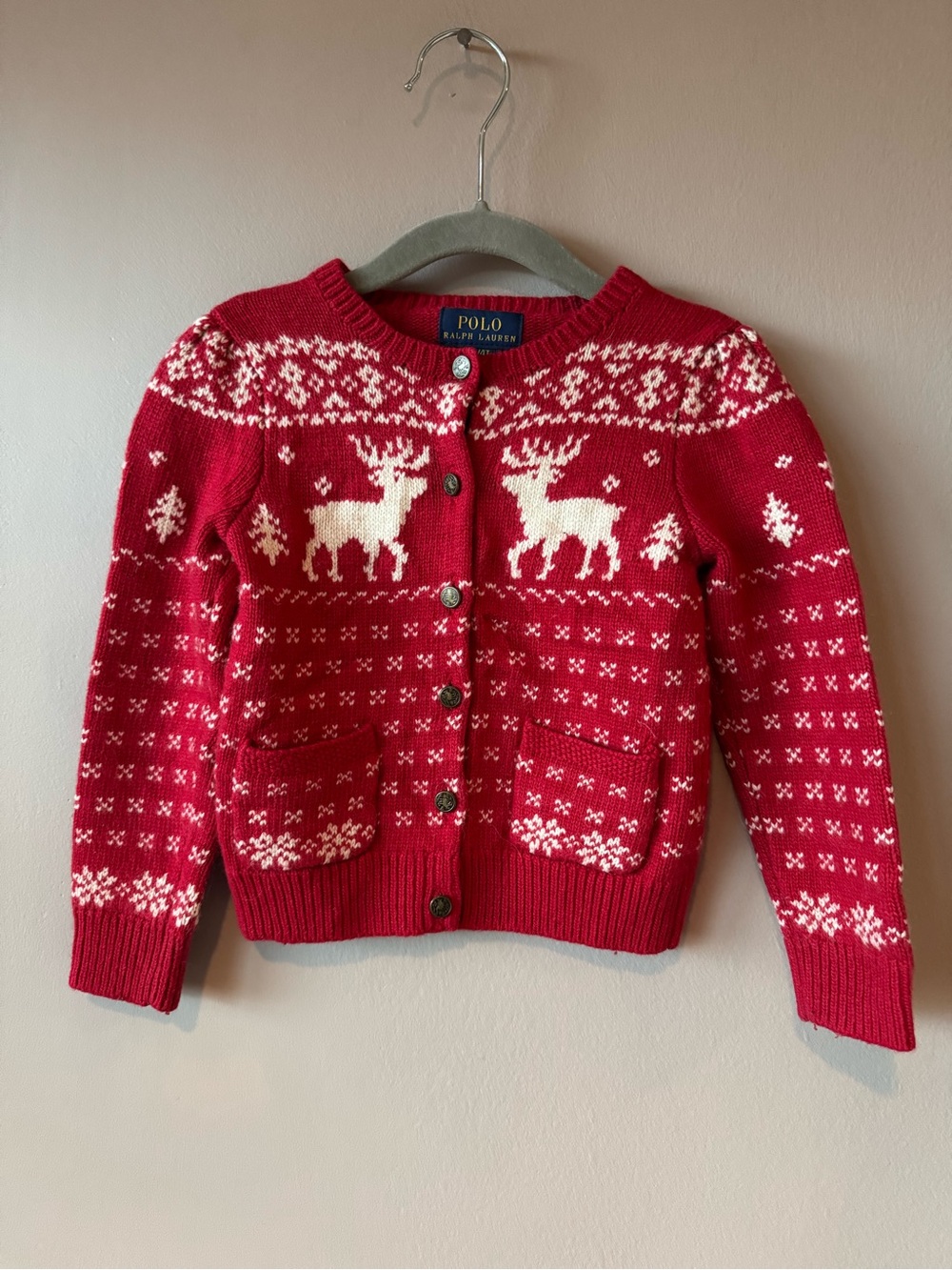 Ralph Lauren Girls Reindeer Fair Isle Wool Blend Knit Cardigan Sweater 4T
